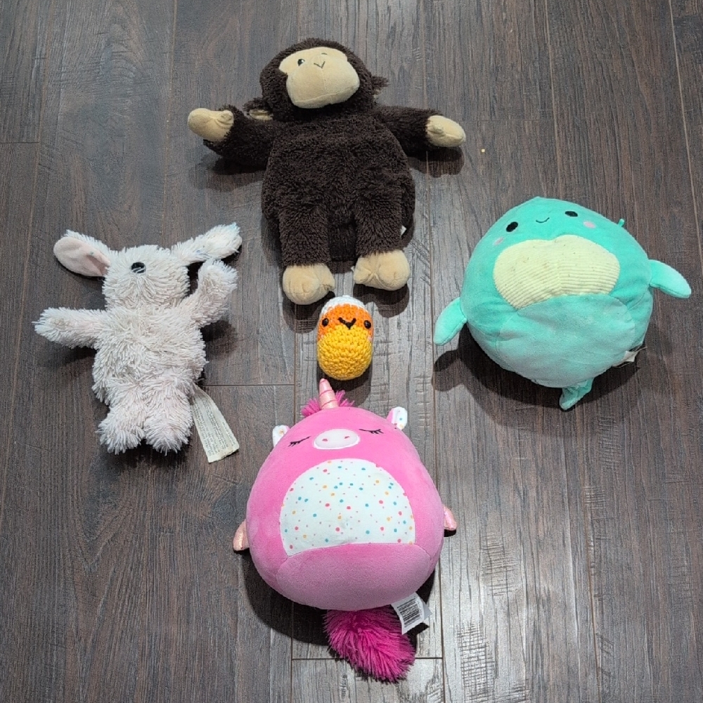 Squishmallows Pink Unicorn, Teal Narwhal, Brown Monkey & Cream Bunny Plush Set